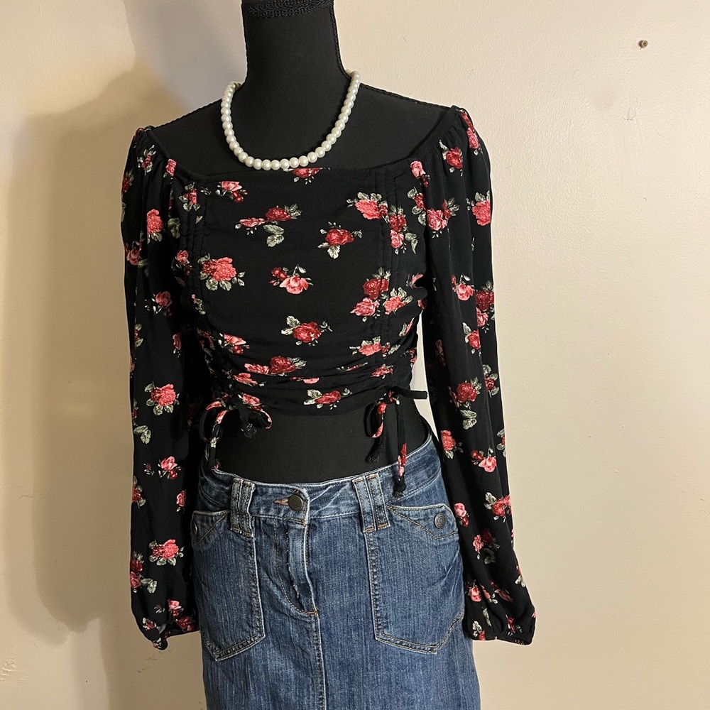 Wild Fable Cropped Floral Black Blouse with Red and Green Accents